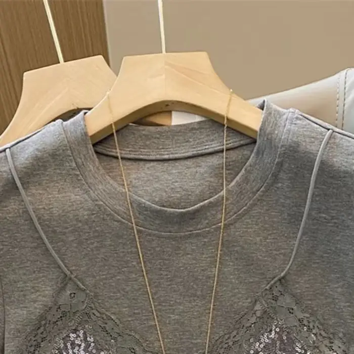 Faux 2 pièces t-shirt pour femmes printemps été dentelle Patchwork T-shirts mode coréenne doux à manches courtes Ropa De Mujer