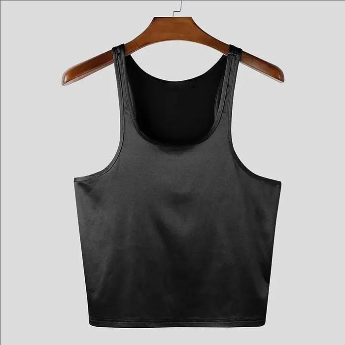 Débardeur court pour homme, argenté métallisé brillant, coupe ajustée, sans manches, col carré, styl