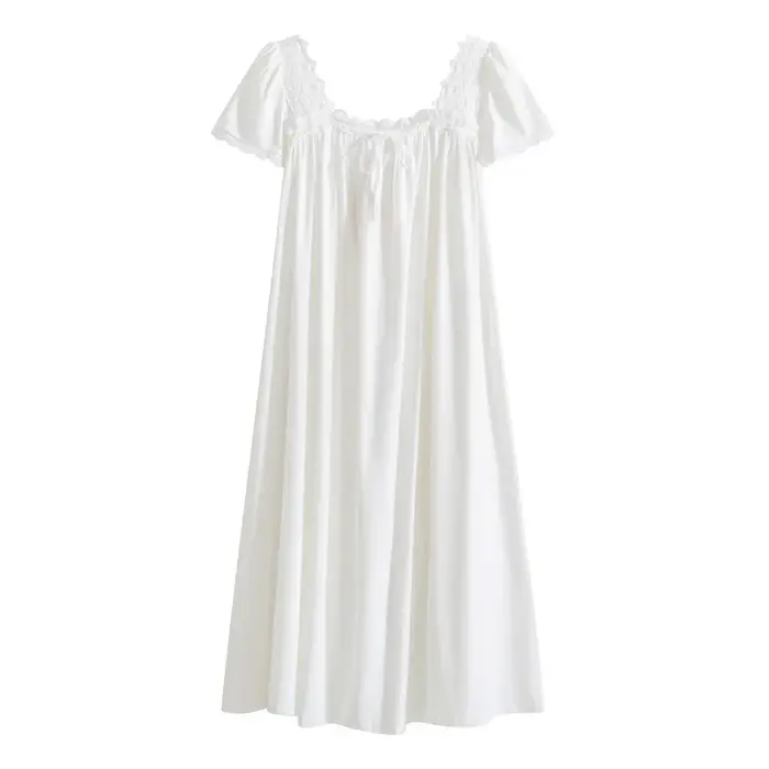 Femmes été manches courtes vêtements de nuit en coton dentelle française col carré chemise
