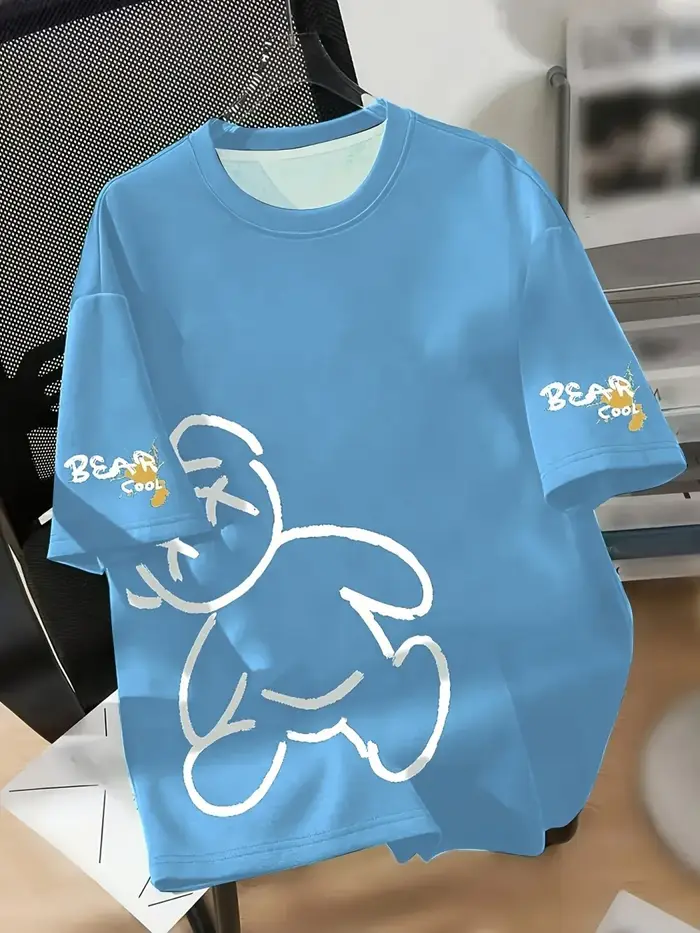 T-shirt d'été respirant à col rond pour hommes, avec motif imprimé d'ours de dessin animé, adapté au