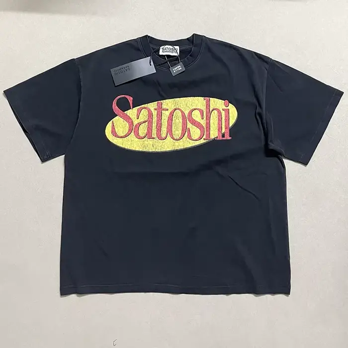T-shirt Satoshi Nakamoto vintage en coton vieilli, col rond, manches courtes, imprimé lettres, coupe