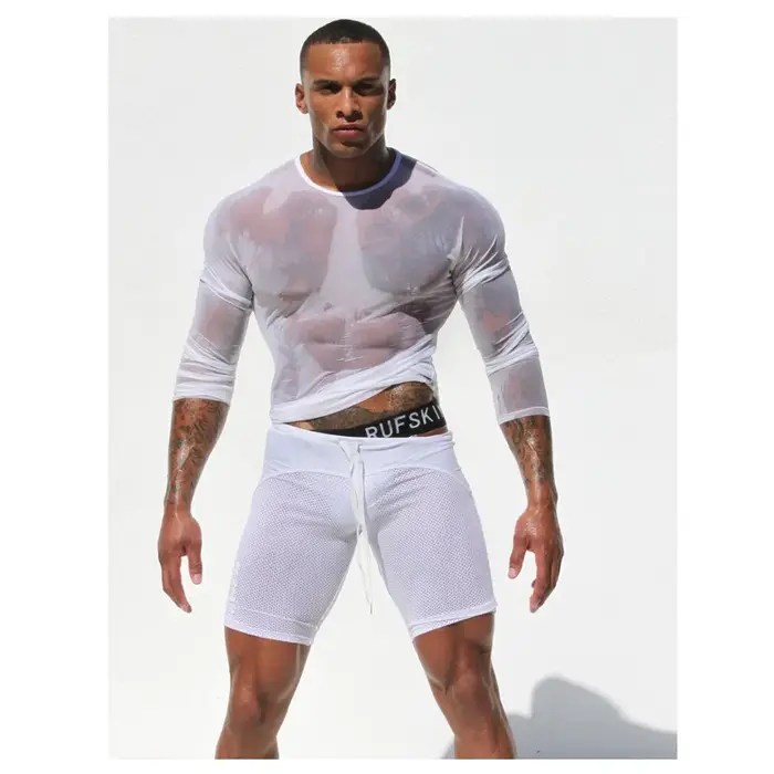 T-shirt à manches longues en filet de pêche en dentelle pour hommes