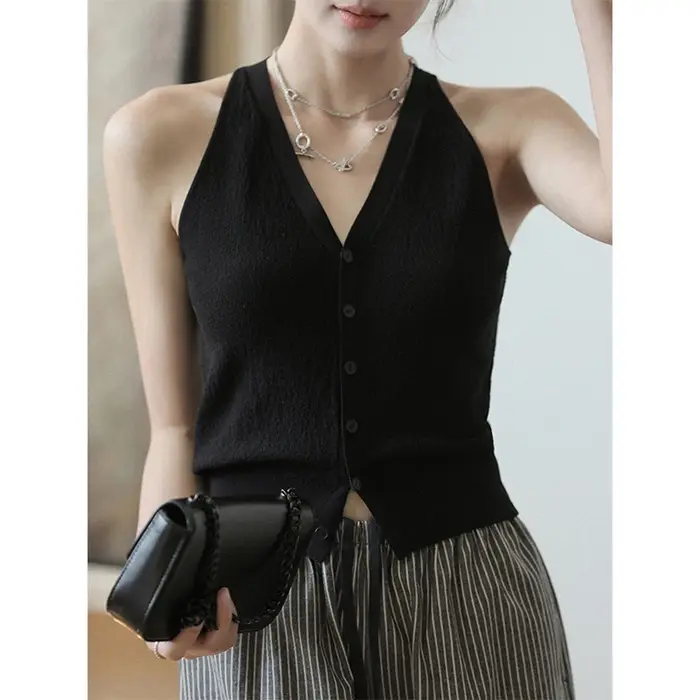 Pull gilet pour femmes doux tricoté bouton avant col en v sans manches Blouse femme décontracté français Chic tenue à la mode