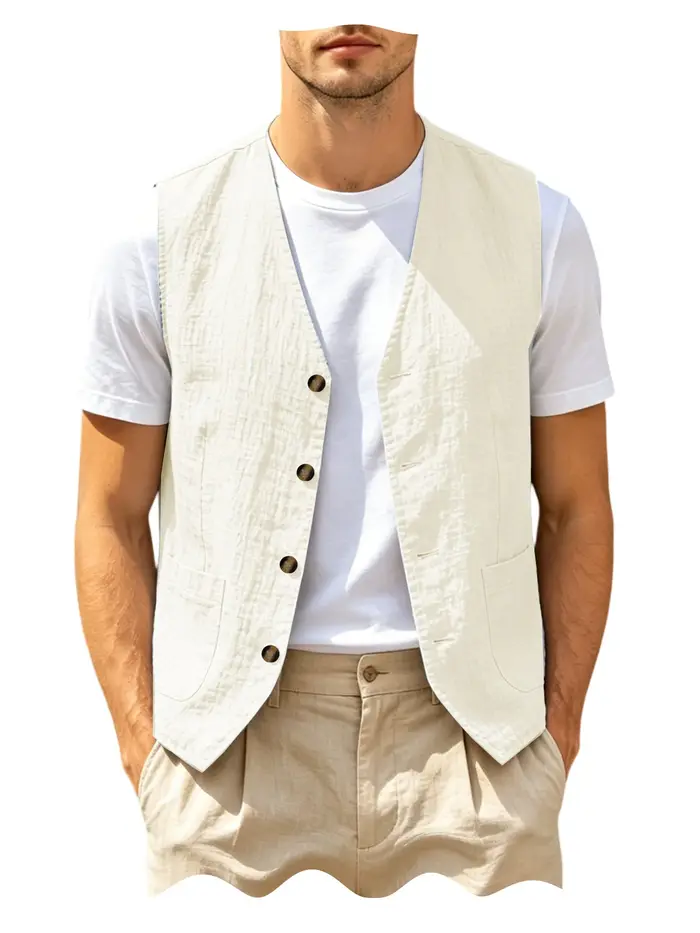 Gilet décontracté en lin pour hommes, col en v, sans manches, léger, respirant, couleur unie, à bout