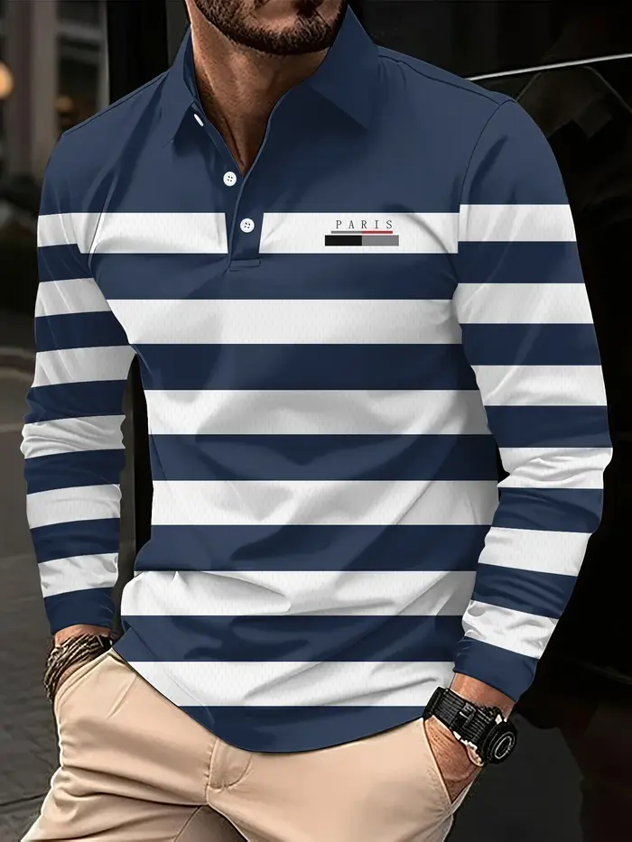 Polo imprimé parisien pour hommes, une couleur rayée classique d'automne, associé à un nouveau haut