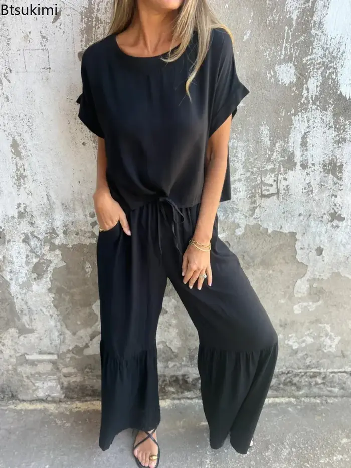 Nouveaux ensembles 2 pièces pour femmes : T-shirts amples à manches courtes et pantalons longs à volants