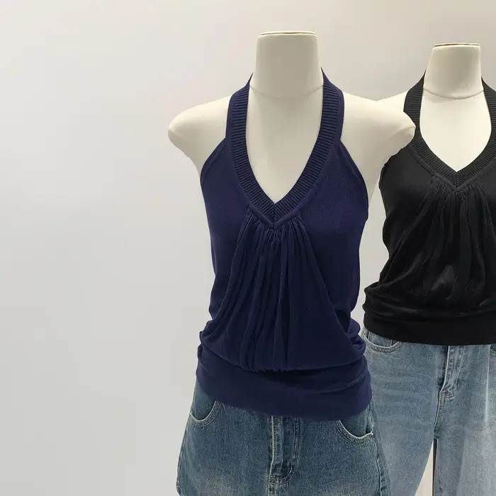 Débardeur rose plissé à col en V pour femme