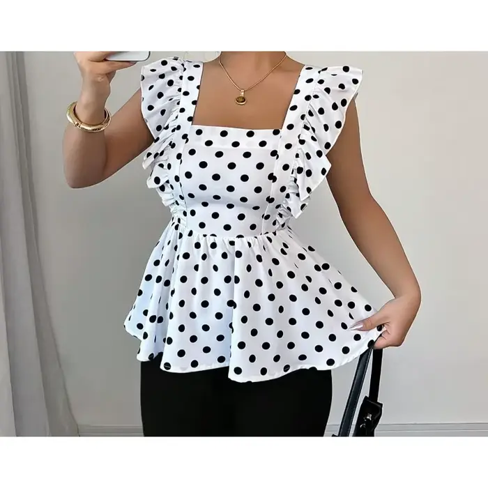 T-shirt à col carré, motif pois