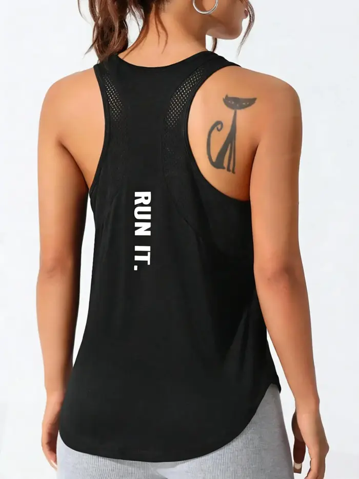 Débardeur Sport Femme Imprimé Lettres Run It Art, Ample et Respirant, Camisole Décontractée en Maill