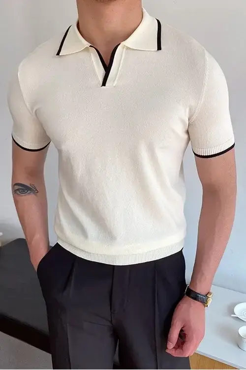 Polo homme T-shirt manches coudières mode col Polo coupe ajustée hommes vêtements laine sport Polo T