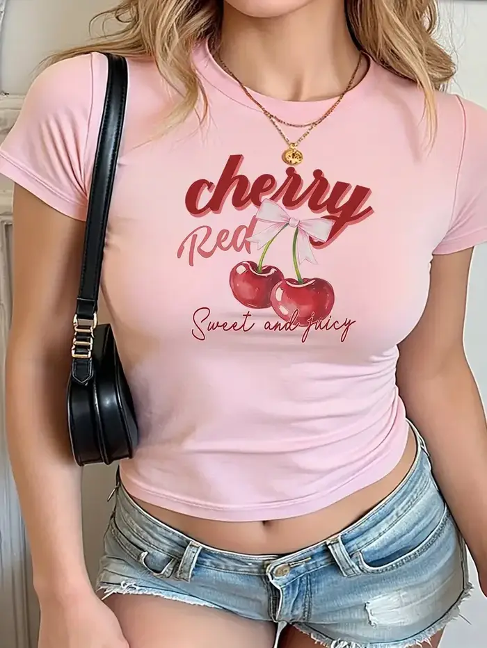 Chic cerise rouge Slogan imprimé col rond manches courtes haut court T-shirt femmes