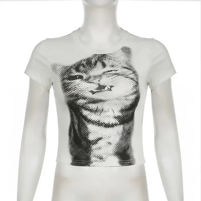T-shirt Punk pour filles, Streetwear, à la mode, imprimé chat mignon, court et Sexy, vêtements pour
