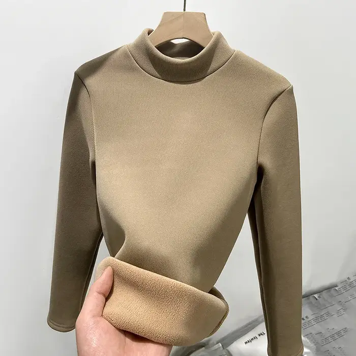 T-shirts pour femmes épais polaire chaud automne hiver chemise à manches longues col roulé t-shirt décontracté coréen basique sous la chemise