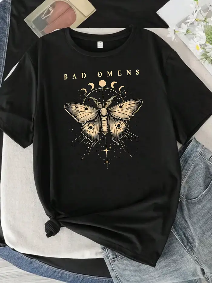 BAD OMENS lettre motif col rond femmes T-shirt à manches courtes mode imprimé demi