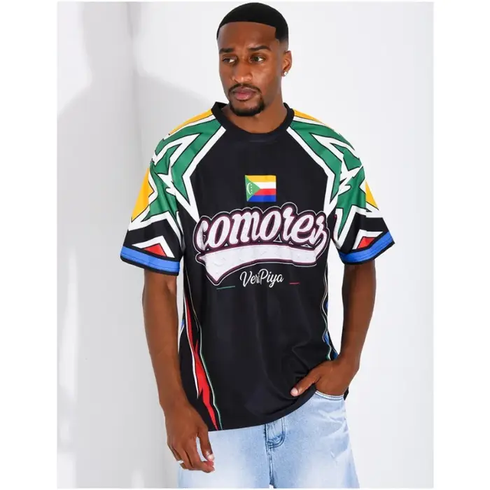 Maillot de football culturel des Comores pour homme, col ras du cou, motif drapeau des Comores et lettres Comores, respirant, en maille, manches courtes, pour fan, assorti pour la famille