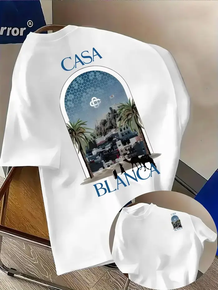 T-shirt en pur coton pour homme avec imprimé architecture urbaine marocaine et police Casablanca