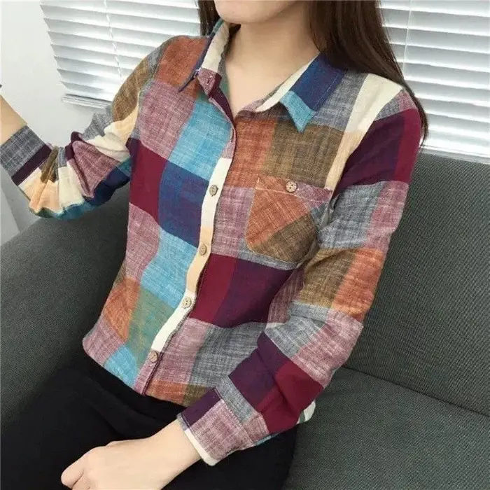 Chemise à carreaux en coton et lin pour femmes