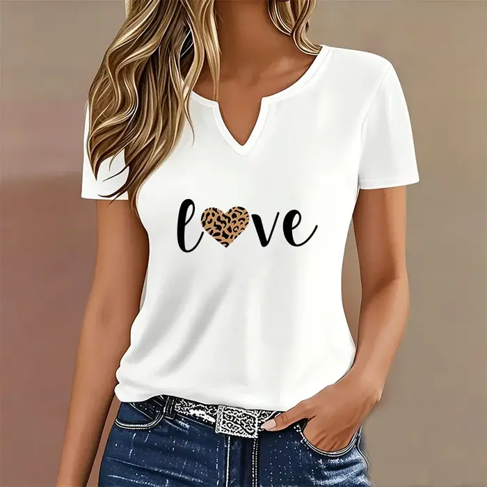 T-shirt imprimé léopard motif 'Fashion Letter Love' col en V décontracté Y2K pour femme à manches co