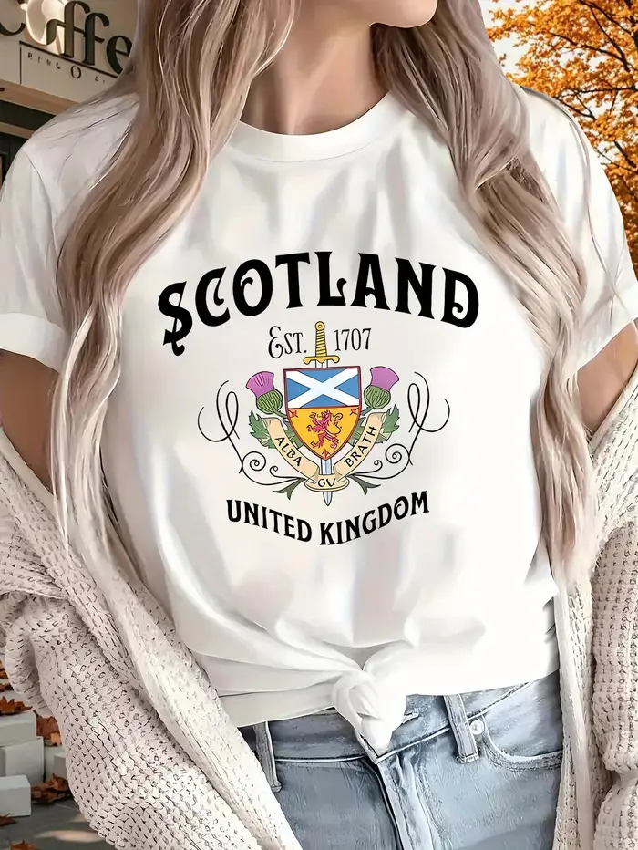 T-shirt graphique Scotland 1707 United Kingdom pour femmes, haut pur à manches courtes, décontracté
