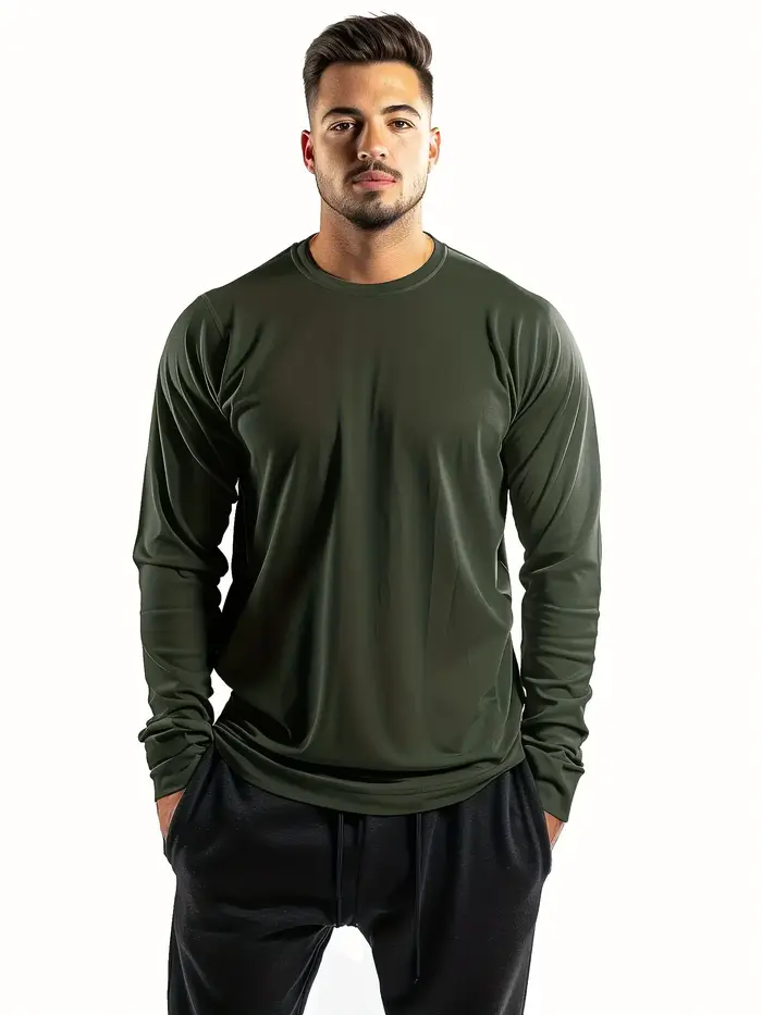 T-shirt 5 pièces à manches longues et col rond pour hommes, couleur unie, design polyvalent, confortable et à la mode