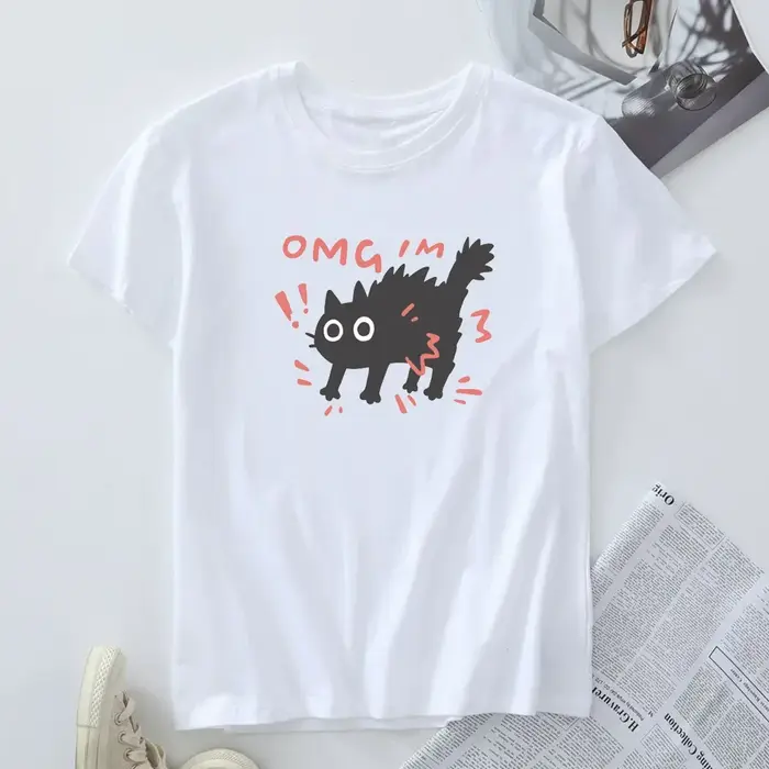 T-shirt imprimé chat effrayé pour femme, haut à manches courtes, vêtements amusants pour femme, t-sh