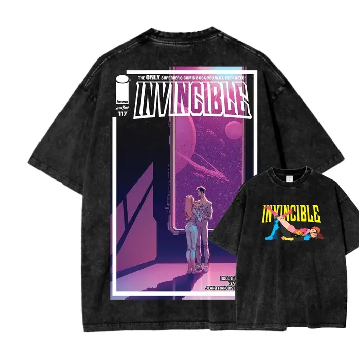 T-shirt en coton à col rond imprimé graphique d'anime de super-héros Invincible
