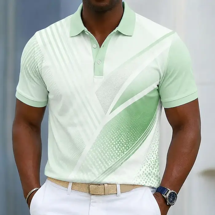 Polo pour homme vert clair à rayures diagonales blanches et imprimé à pois, hauts décontractés pour le printemps, l'été, le golf et les occasions quotidiennes