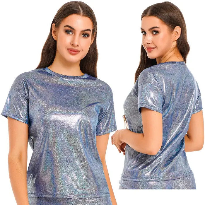 T-Shirt métallique brillant à manches longues pour femmes