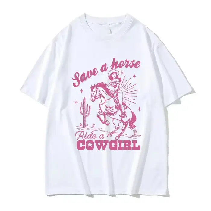 Save A Horse Ride A Cowgirl Imprimé T-shirt Hommes Femmes Rétro Esthétique Mode T-shirts Décontracté Surdimensionné