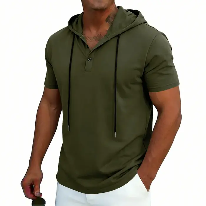 T-shirt à capuche confortable à manches courtes pour homme 2026 – Col Henley, cordon de serrage, déc