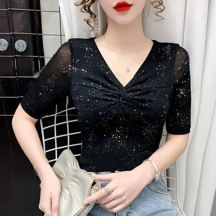 Femmes à manches courtes maille T-shirt été brillant fond haut décontracté