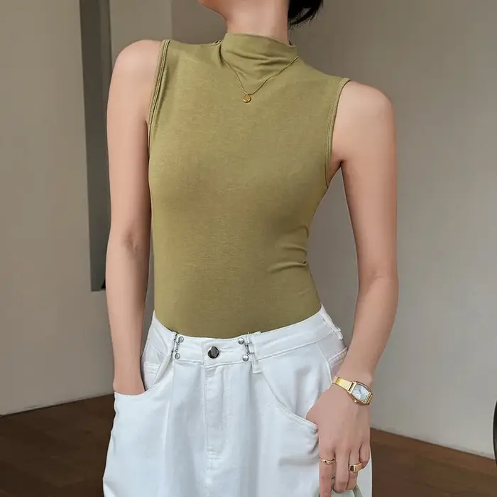 Débardeur à Col Rond pour Femme, Couleur Unie, Style Français, NikBasique, Mode, Fibre d'Été, Doux, 