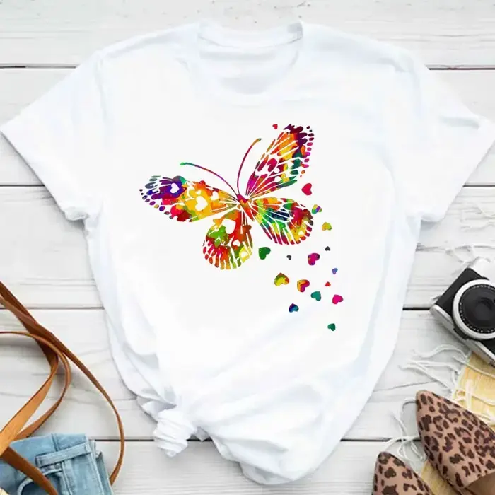 T-Shirt imprimé de pétales de papillon colorés pour femmes