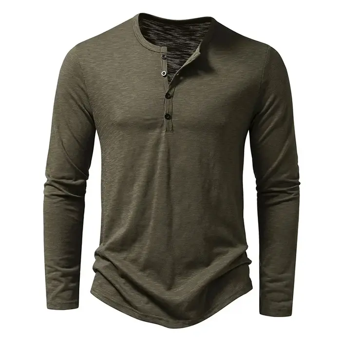 T-Shirt à Manches sulfet Col Henley en Coton pour Homme