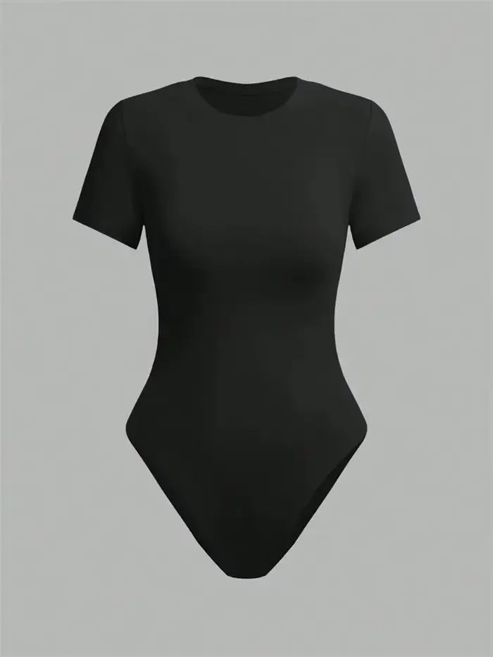 Body basique à manches courtes pour femmes, couleur unie, col rond, moulant, barboteuse, chemisier, 
