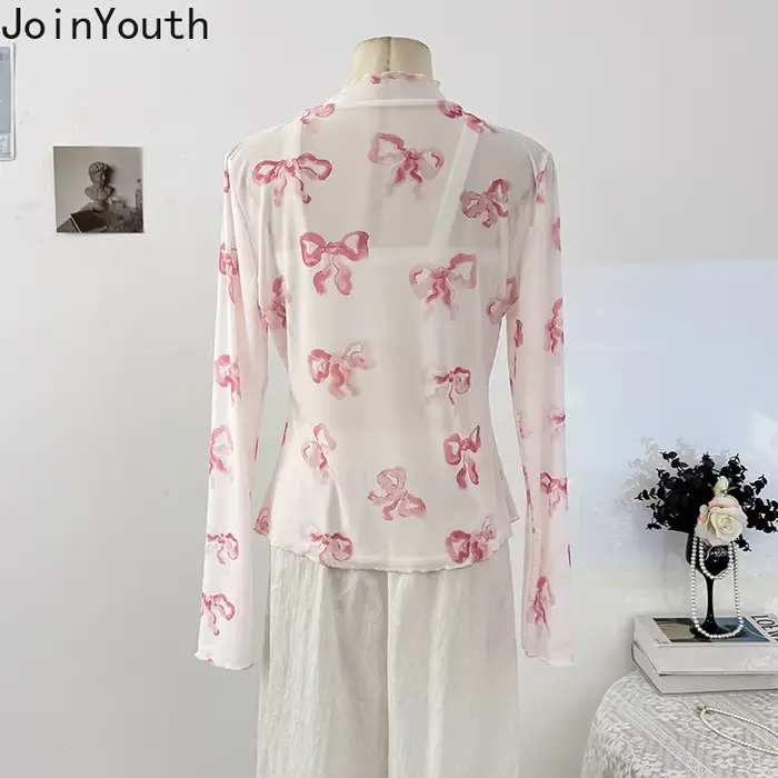 Gaze femme t-shirts nœud imprimé à manches longues