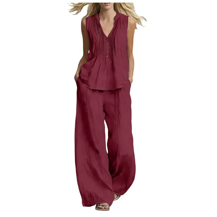 Ensemble deux pièces décontracté pour femme : Gilet sans manches et pantalon long à jambes larges