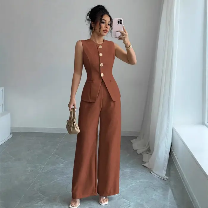 Ensemble chic pour femme 2026 : Gilet sans manches et pantalon large – Tenue de bureau élégante deux pièces décontractée