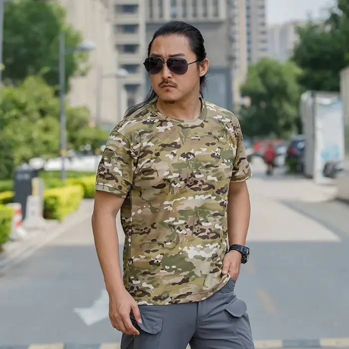 T-shirt tactique à séchage rapide pour hommes, à manches courtes, respirant, avec poche plaquée, pou