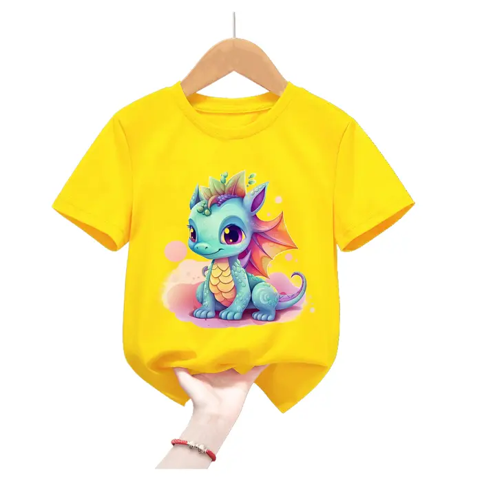 T-shirt jaune à manches courtes pour enfant, vêtement d'été mignon avec imprimé roi et animal, pour 