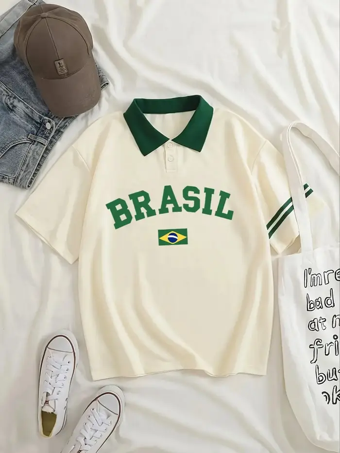 Drapeau brésilien imprimé col polo femme décontracté manches courtes à la mode