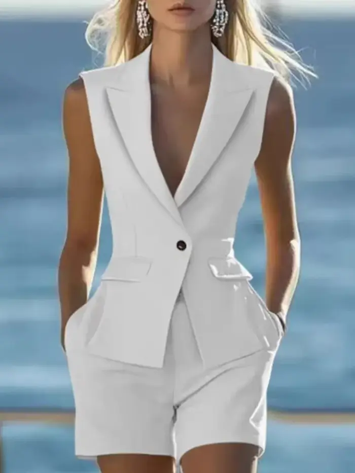 Femmes élégantes solide sans manches costume gilet deux pièces ensembles été décontracté revers bouton haut et short