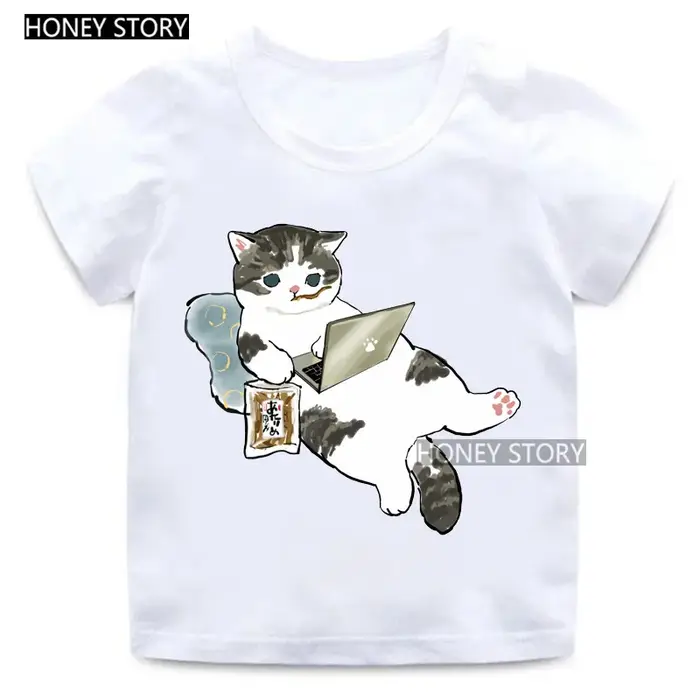 T-shirt imprimé chat de dessin animé mignon, vêtements pour garçons et filles