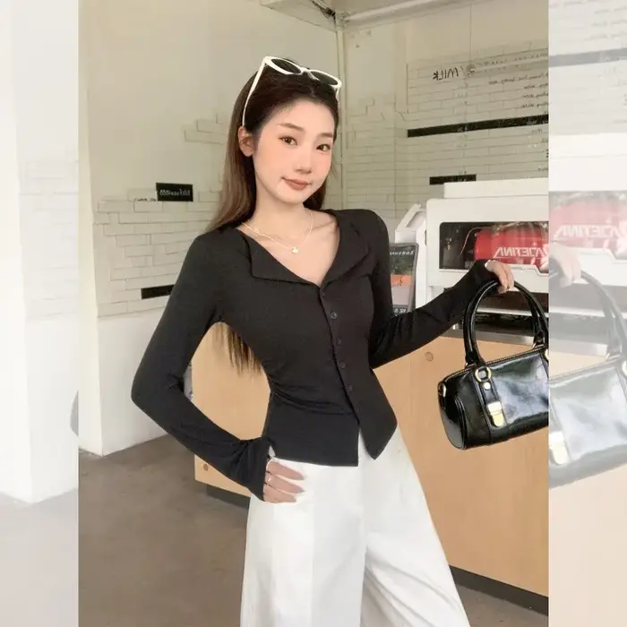T-shirt à manches longues et col POLO pour femme