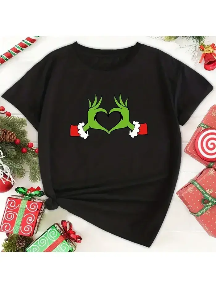T-shirt de Noël décontracté pour femme, imprimé cœur et monstre, manches courtes, col rond, haut à l