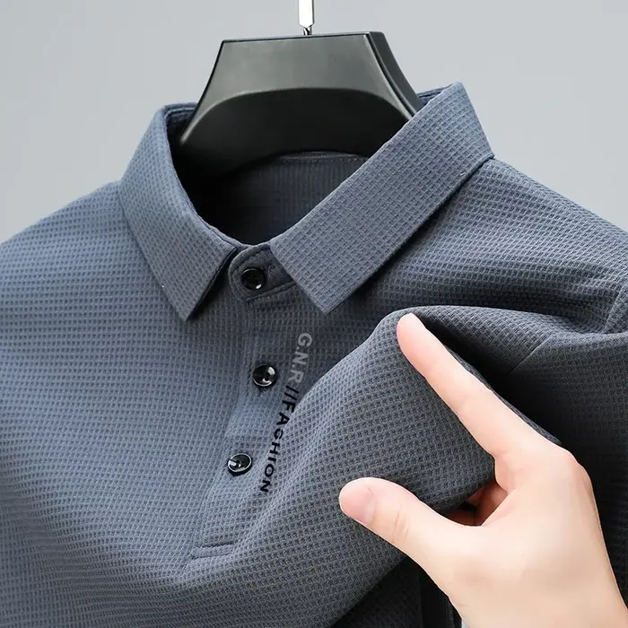 POLO gaufré à manches longues pour hommes avec lettre imprimée revers haut décontracté