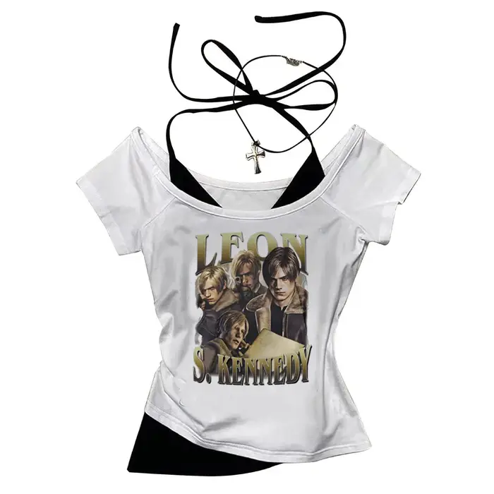 Leon Kennedy crop top vintage corset shoujo girl style harajuku summer cropped Aesthetic Slim Fit Cute teens tees