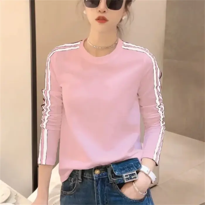 Simplicité femmes T-shirt mince T-shirt mode bas haut rayure Blous col rond à manches longues femme 