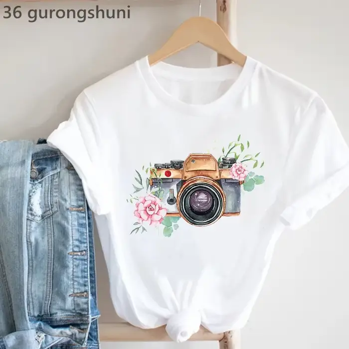 Vintage T-Shirt Femmes Caméra Oiseau Tshirt Femme Mode D'été À Manches Courtes T-Shirt Femme Casual