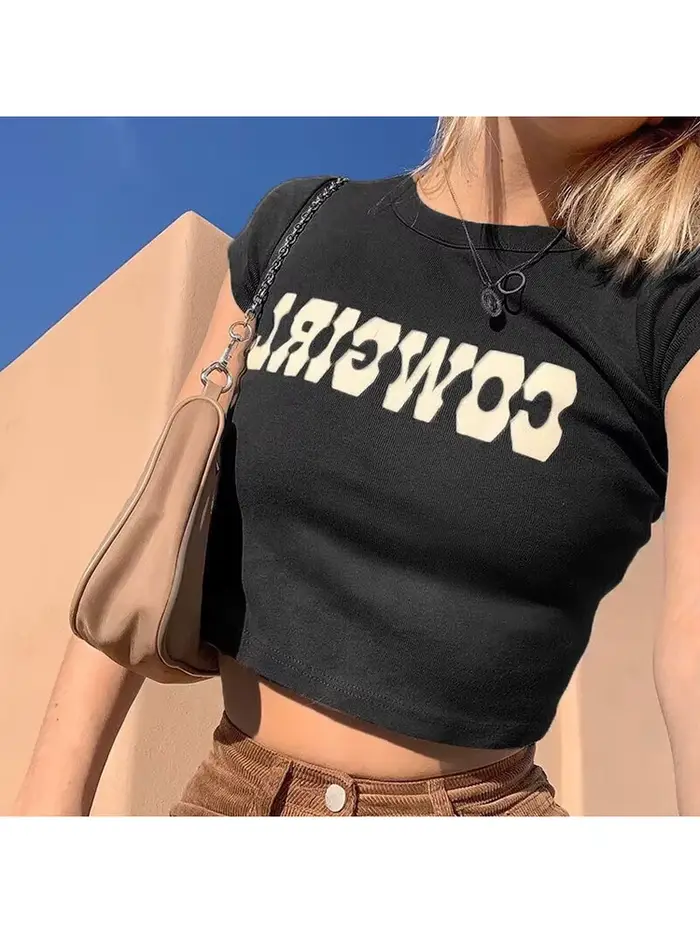 Haut court à col rond pour femmes, mode d'été, imprimé vache, t-shirt décontracté, basique, Sexy, St
